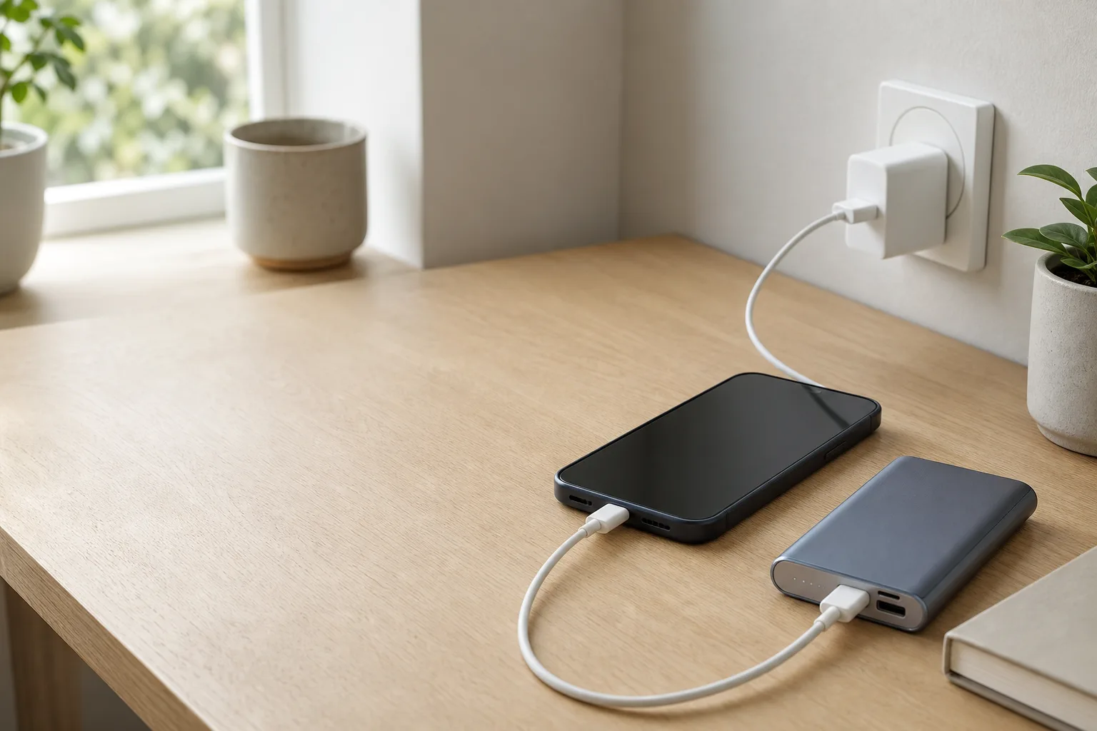 Mobil och powerbank som laddas på ett fritt skrivbord med synlig laddare
